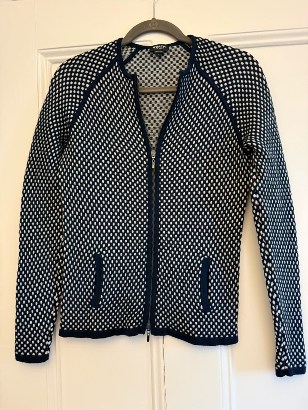 Worth New York Navy and White Textured Knit Zip-Front Jacket